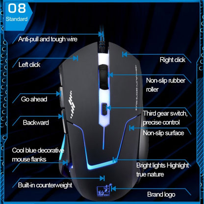 T7 Wired 3 Color Changeable 1200 DPI 1600DPI 2400DPI Gaming USB Optical Mouse, T7