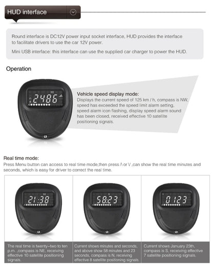 A1 2.0 inch Car GPS HUD Head Up Display Vehicle-mounted Security System, Support Speed & Real Time & Altitude & Over Speed Alarm & Compass & MPH & Auto Sleeping & KM & Satellite Signal, A1