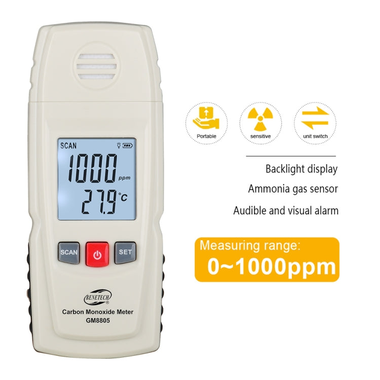 BENETECH GM8805 LCD Display Handheld Carbon Monoxide CO Monitor Detector Meter Tester, Measure Range: 0-1000ppm