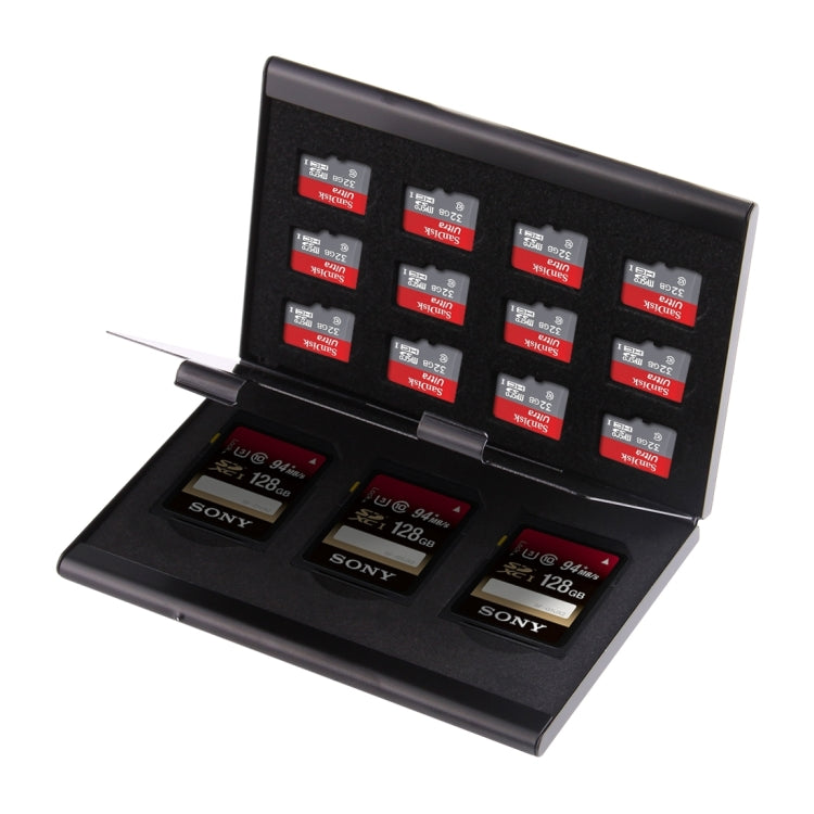 15 in 1 Memory Card Aluminum Alloy Protective Case Box for 3 SD + 12 TF Cards, 3 SD + 12 TF Black