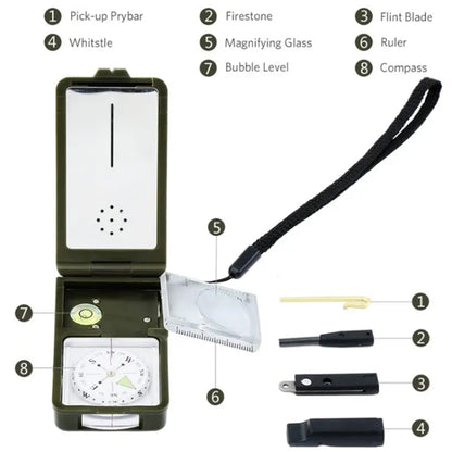 10 in 1 (Thermometer, Hygrometer, LED light, Reflector, Spirit level, Compass, Whistle, Flint, Magnifier, Ruler) Multi-Function Portable Compass, 10 in 1