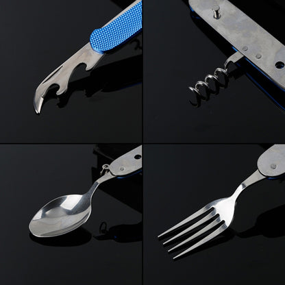 6-in-1 Stainless Steel Travel / Camping Folding Cutlery Set, Spoon + Fork + Knife +  Bottle Opener Set