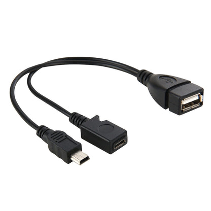 USB 2.0 Female to Mini USB AM + Micro 5 Pin AF Cable, Length: 20cm, Mini USB + Micro AF, 20cm