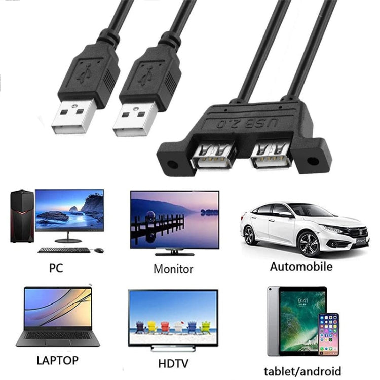 2 USB 2.0 Male to 2-port USB 2.0 Female with 2 Screw Holes Extension Cable, Length: 50cm, 2 USB 2.0 AM to 2 USB AF