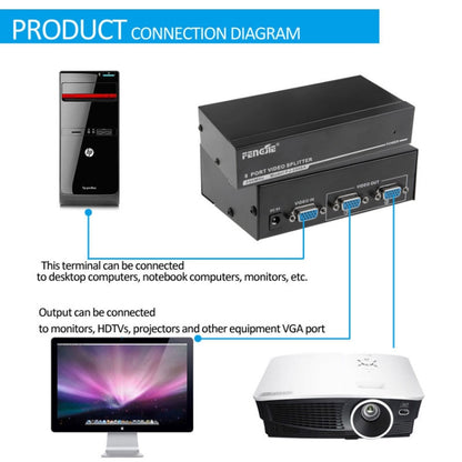 FJ-2502A 2 Port VGA Video Splitter High Resolution 1920 x 1440 Support 250MHz Video Bandwidth, 2 Ports Splitter Black