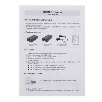 HDMI Extender over Single UTP CAT5e/6 Cable, Transmission Distance: 100m, 100m