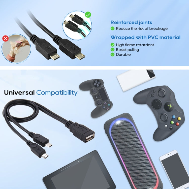 USB 2.0 Female to 2 Micro USB Male Cable, Length: About 30cm, USB 2.0 AF to 2 Micro USB