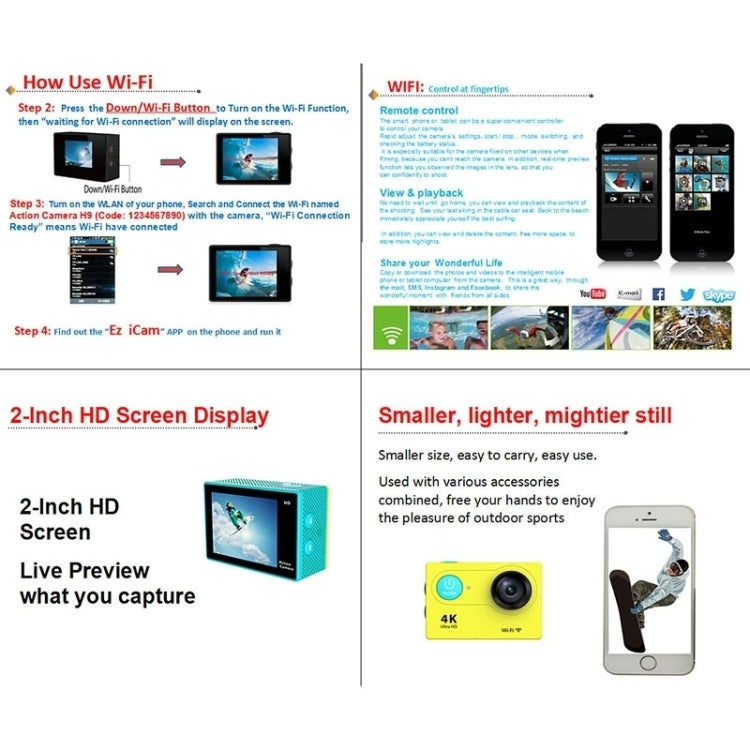 H9 4K Ultra HD1080P 12MP 2 inch LCD Screen WiFi Sports Camera, 170 Degrees Wide Angle Lens, 30m Waterproof, H9 4K (Yellow), H9 4K (White), H9 4K (Silver), H9 4K (Blue), H9 4K (Gold), H9 4K (Pink), H9 4K (Black)