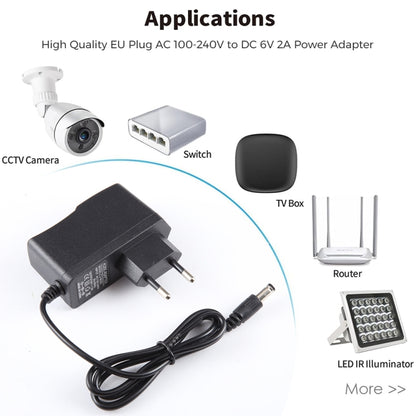 EU Plug AC 100-240V to DC 6V 2A Power Adapter, Tips: 5.5 x 2.1mm, Cable Length: 1.1m, EU Plug DC 6V 2A