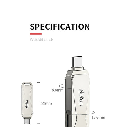 Netac U782C 32GB USB-C / Type-C + USB 3.0 360 Degrees Rotation Zinc Alloy Flash Drive OTG U Disk, 32GB