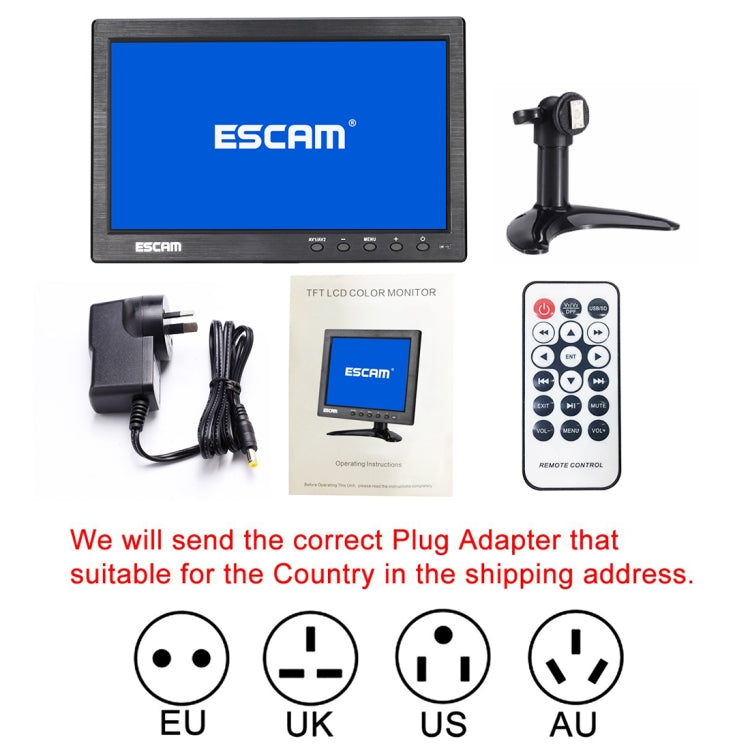 ESCAM T10 10.0 inch TFT LCD 1024x600 Monitor with VGA & HDMI & AV & BNC & USB for PC CCTV Security, T10