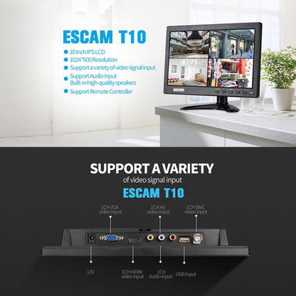 ESCAM T10 10.0 inch TFT LCD 1024x600 Monitor with VGA & HDMI & AV & BNC & USB for PC CCTV Security, T10