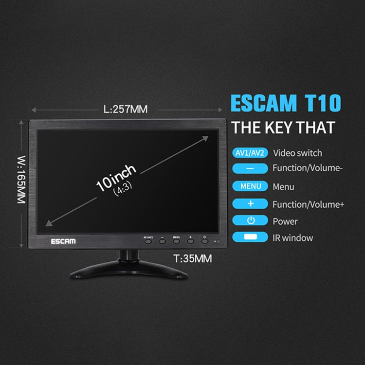 ESCAM T10 10.0 inch TFT LCD 1024x600 Monitor with VGA & HDMI & AV & BNC & USB for PC CCTV Security, T10