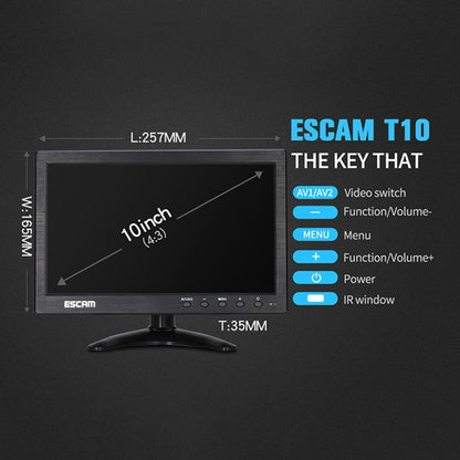 ESCAM T10 10.0 inch TFT LCD 1024x600 Monitor with VGA & HDMI & AV & BNC & USB for PC CCTV Security, T10