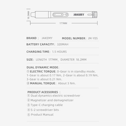 JAKEMY JM-Y05 8 in 1 Type-c Fast Charging Dual Power High Precision Electric Screwdriver, JM- Y05