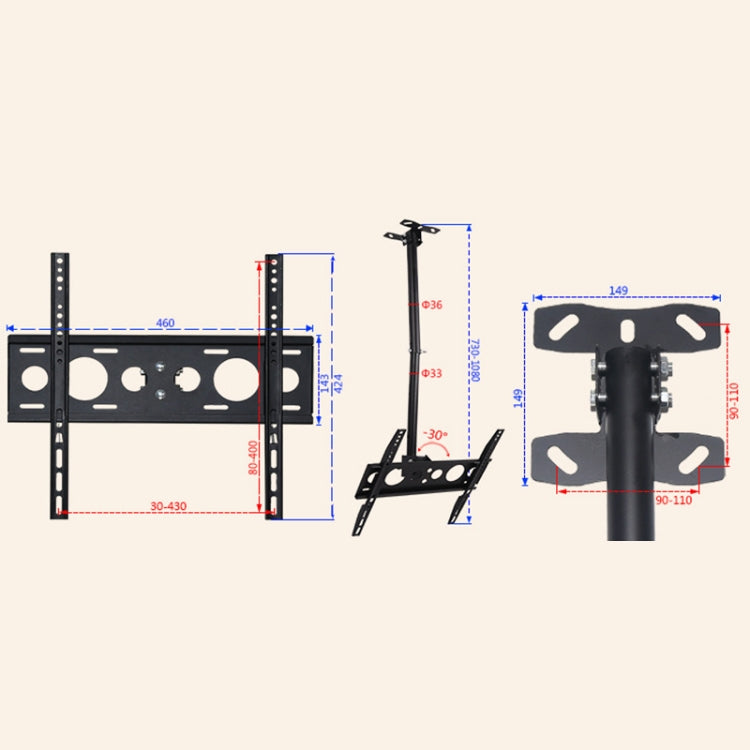 32-65 inch Universal Height & Angle Adjustable Single Screen TV Wall-mounted Ceiling Dual-use Bracket, Retractable Range: 0.5-3m, 32-65 inch