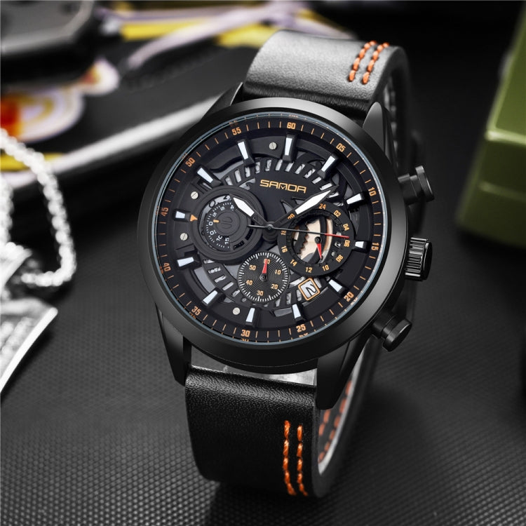 SANDA 5010P Six-Pin Cool Big Dial Waterproof Three-Eye Men Watch Leather Strap Fashion Trend Men Watch