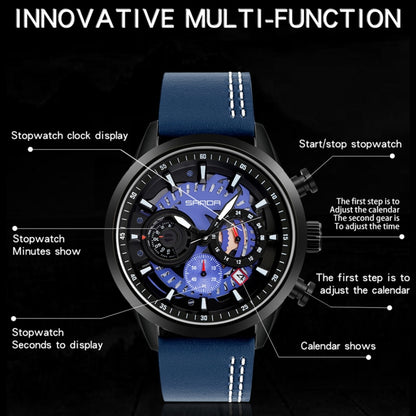 SANDA 5010P Six-Pin Cool Big Dial Waterproof Three-Eye Men Watch Leather Strap Fashion Trend Men Watch