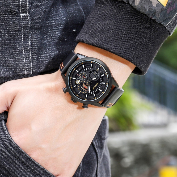 SANDA 5010P Six-Pin Cool Big Dial Waterproof Three-Eye Men Watch Leather Strap Fashion Trend Men Watch