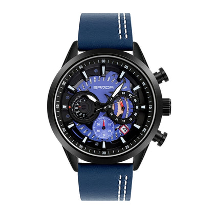 SANDA 5010P Six-Pin Cool Big Dial Waterproof Three-Eye Men Watch Leather Strap Fashion Trend Men Watch
