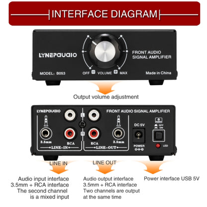B053 Front Stereo Sound Amplifier Headphone Speaker Amplifier Booster with Volume Adjustment, 2-Way Mixer, USB 5V Power Supply, US Plug, B053