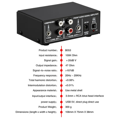 B053 Front Stereo Sound Amplifier Headphone Speaker Amplifier Booster with Volume Adjustment, 2-Way Mixer, USB 5V Power Supply, US Plug, B053