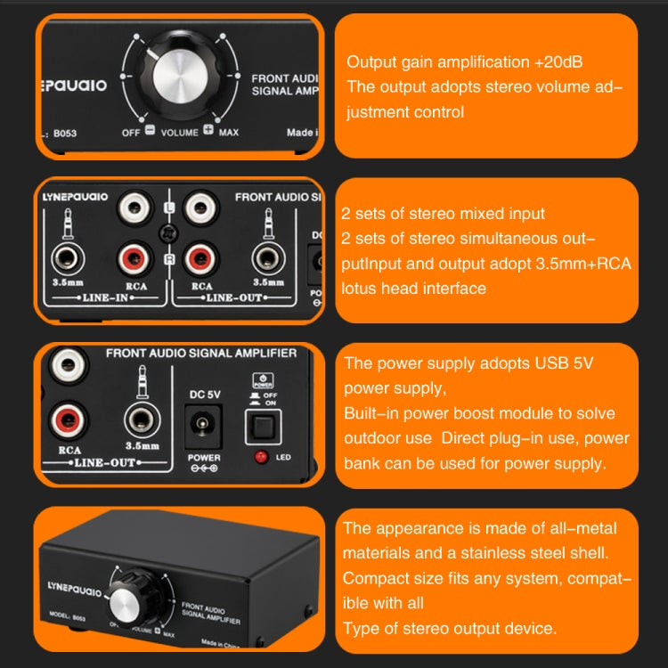 B053 Front Stereo Sound Amplifier Headphone Speaker Amplifier Booster with Volume Adjustment, 2-Way Mixer, USB 5V Power Supply, US Plug, B053