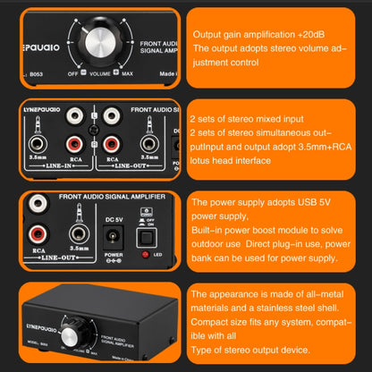 B053 Front Stereo Sound Amplifier Headphone Speaker Amplifier Booster with Volume Adjustment, 2-Way Mixer, USB 5V Power Supply, US Plug, B053