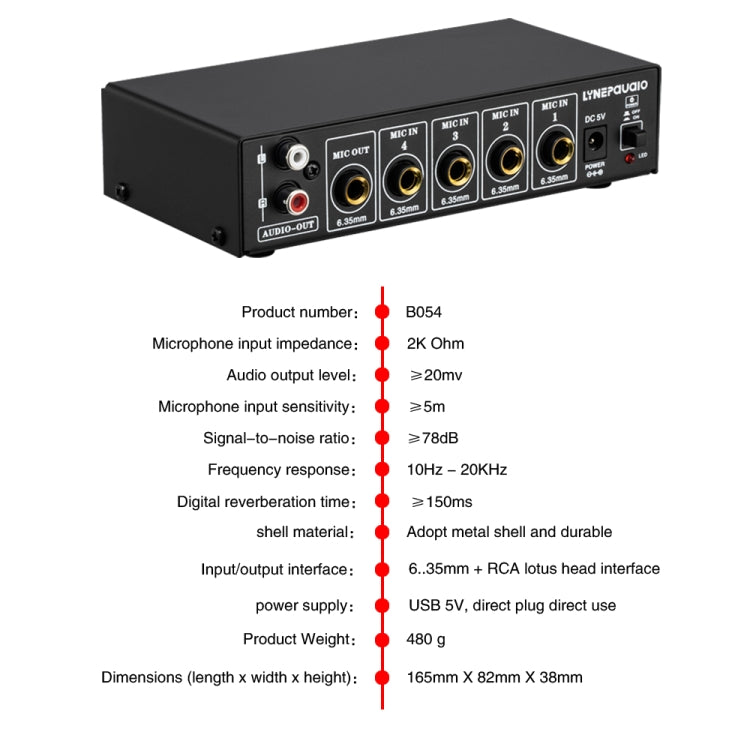 B054 4-Channel Microphone Mixer Support Stereo Output With Reverb Treble And Bass Adjustment, USB 5V Power Supply, US Plug, B054