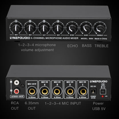 B054 4-Channel Microphone Mixer Support Stereo Output With Reverb Treble And Bass Adjustment, USB 5V Power Supply, US Plug, B054