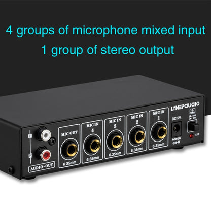 B054 4-Channel Microphone Mixer Support Stereo Output With Reverb Treble And Bass Adjustment, USB 5V Power Supply, US Plug, B054