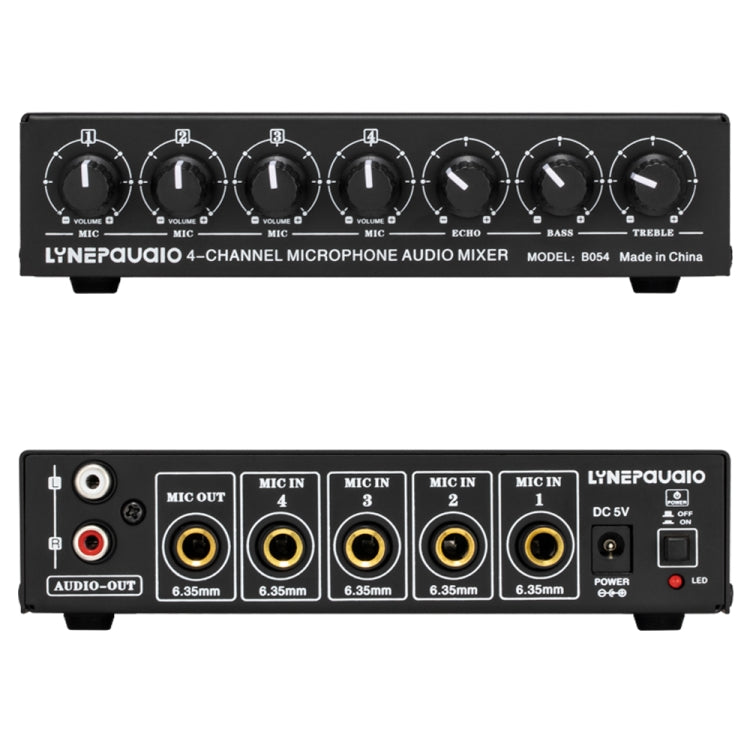 B054 4-Channel Microphone Mixer Support Stereo Output With Reverb Treble And Bass Adjustment, USB 5V Power Supply, US Plug, B054