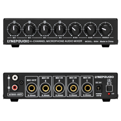 B054 4-Channel Microphone Mixer Support Stereo Output With Reverb Treble And Bass Adjustment, USB 5V Power Supply, US Plug, B054