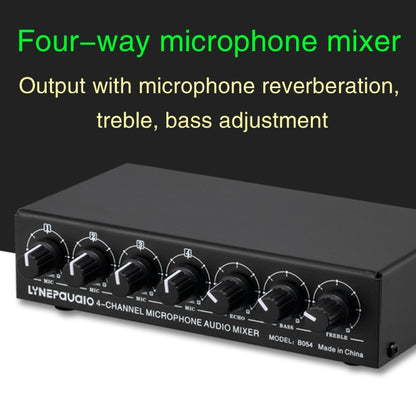 B054 4-Channel Microphone Mixer Support Stereo Output With Reverb Treble And Bass Adjustment, USB 5V Power Supply, US Plug, B054