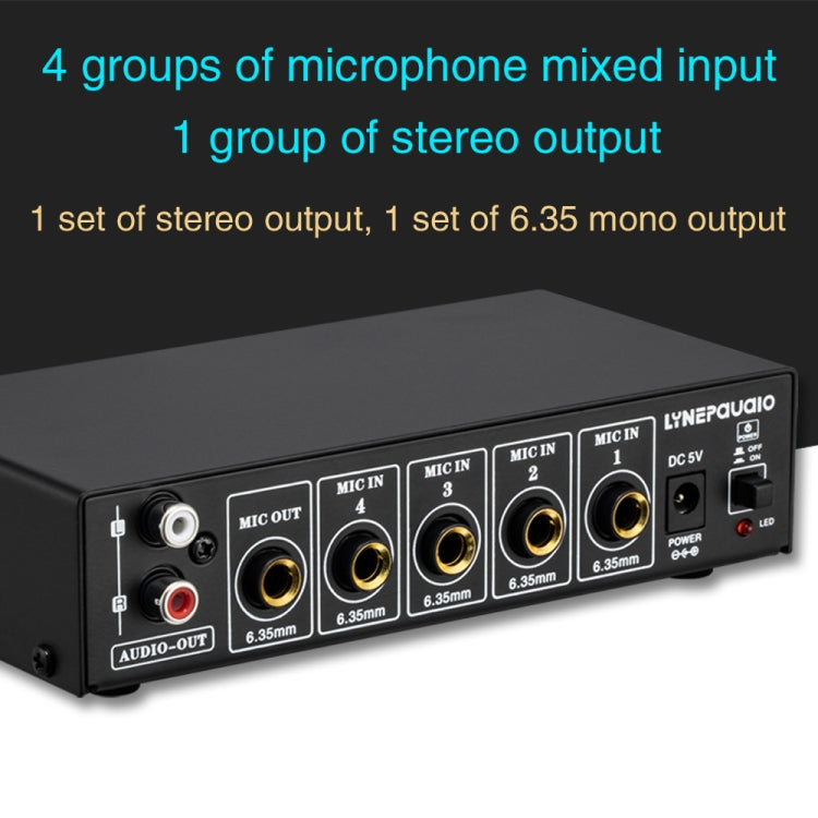 B054 4-Channel Microphone Mixer Support Stereo Output With Reverb Treble And Bass Adjustment, USB 5V Power Supply, US Plug, B054