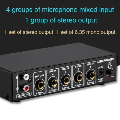 B054 4-Channel Microphone Mixer Support Stereo Output With Reverb Treble And Bass Adjustment, USB 5V Power Supply, US Plug, B054