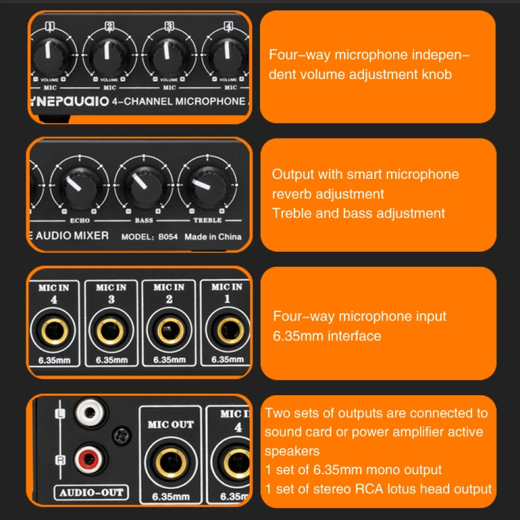 B054 4-Channel Microphone Mixer Support Stereo Output With Reverb Treble And Bass Adjustment, USB 5V Power Supply, US Plug, B054