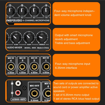 B054 4-Channel Microphone Mixer Support Stereo Output With Reverb Treble And Bass Adjustment, USB 5V Power Supply, US Plug, B054