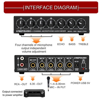 B054 4-Channel Microphone Mixer Support Stereo Output With Reverb Treble And Bass Adjustment, USB 5V Power Supply, US Plug, B054