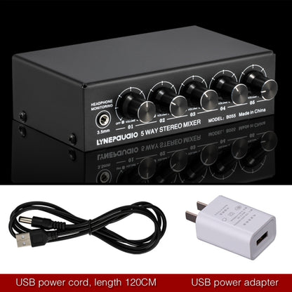 B055 5-Channel Active Stereo Mixer Multi-Channel Mixer with Independent Volume Adjustment  & USB 5V Power Output & Headphone Monitoring, US Plug, B055