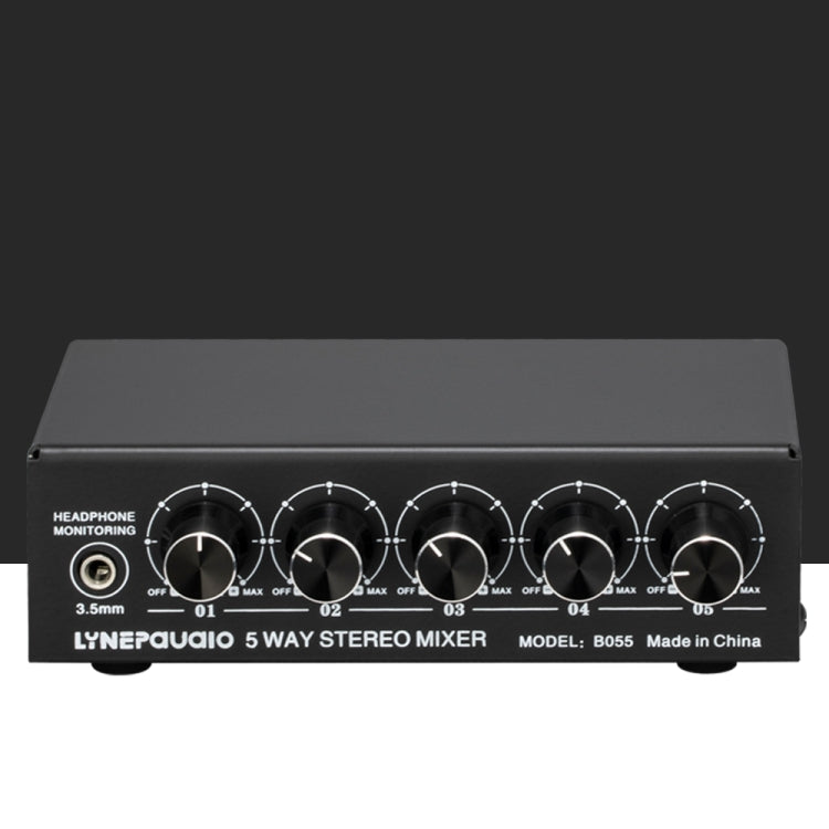 B055 5-Channel Active Stereo Mixer Multi-Channel Mixer with Independent Volume Adjustment  & USB 5V Power Output & Headphone Monitoring, US Plug, B055