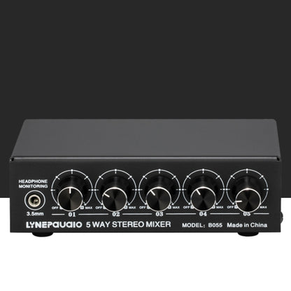 B055 5-Channel Active Stereo Mixer Multi-Channel Mixer with Independent Volume Adjustment  & USB 5V Power Output & Headphone Monitoring, US Plug, B055