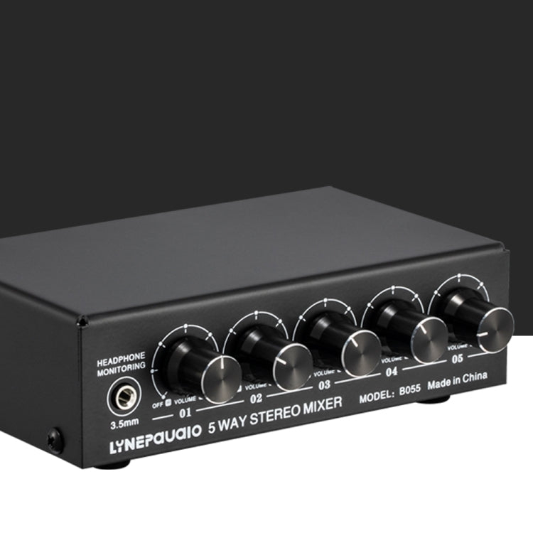 B055 5-Channel Active Stereo Mixer Multi-Channel Mixer with Independent Volume Adjustment  & USB 5V Power Output & Headphone Monitoring, US Plug, B055