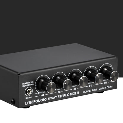 B055 5-Channel Active Stereo Mixer Multi-Channel Mixer with Independent Volume Adjustment  & USB 5V Power Output & Headphone Monitoring, US Plug, B055