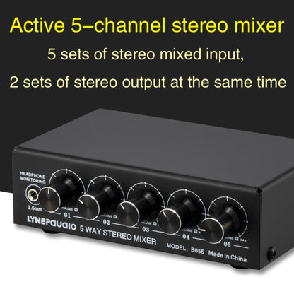 B055 5-Channel Active Stereo Mixer Multi-Channel Mixer with Independent Volume Adjustment  & USB 5V Power Output & Headphone Monitoring, US Plug, B055