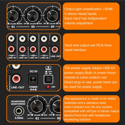 B055 5-Channel Active Stereo Mixer Multi-Channel Mixer with Independent Volume Adjustment  & USB 5V Power Output & Headphone Monitoring, US Plug, B055