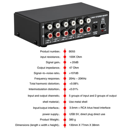 B055 5-Channel Active Stereo Mixer Multi-Channel Mixer with Independent Volume Adjustment  & USB 5V Power Output & Headphone Monitoring, US Plug, B055