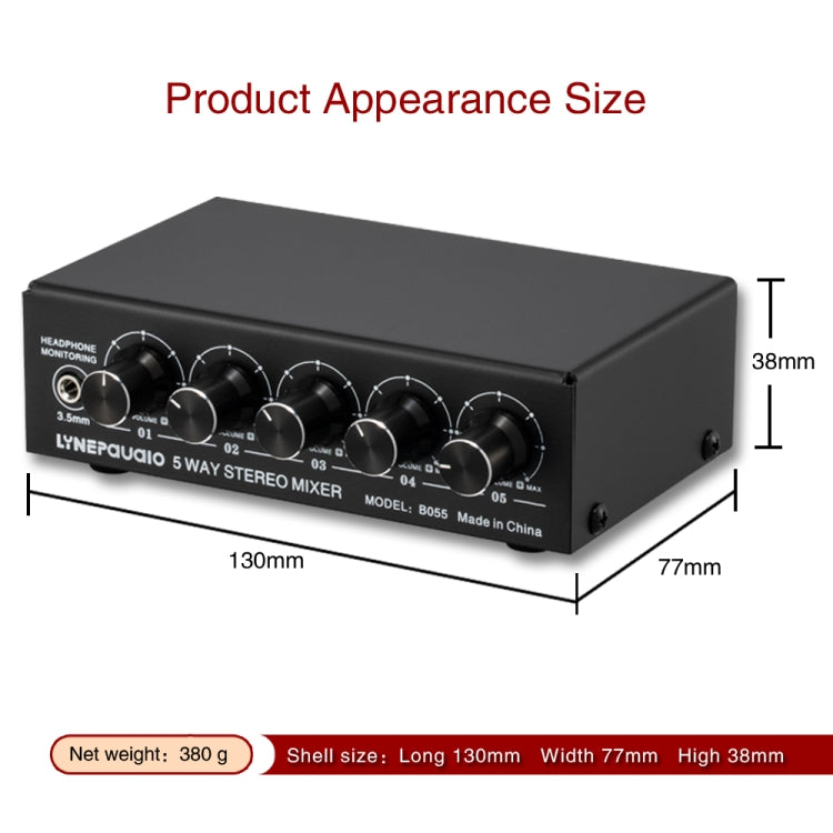 B055 5-Channel Active Stereo Mixer Multi-Channel Mixer with Independent Volume Adjustment  & USB 5V Power Output & Headphone Monitoring, US Plug, B055
