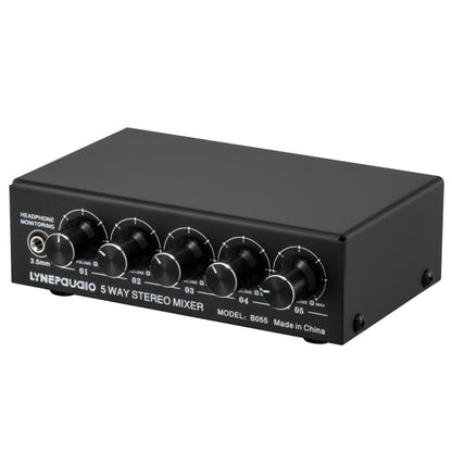 B055 5-Channel Active Stereo Mixer Multi-Channel Mixer with Independent Volume Adjustment  & USB 5V Power Output & Headphone Monitoring, US Plug, B055