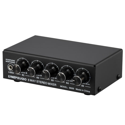 B055 5-Channel Active Stereo Mixer Multi-Channel Mixer with Independent Volume Adjustment  & USB 5V Power Output & Headphone Monitoring, US Plug, B055